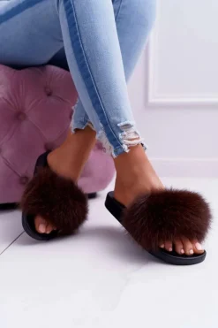 New Boto Damskie Klapki z Naturalnym Futerkiem Coffee Naturis