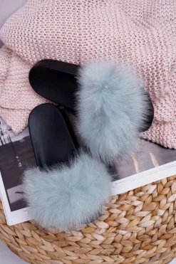 Outlet Boto Damskie Klapki z Naturalnym Futerkiem Miętowe Naturis