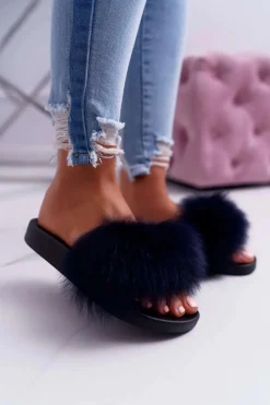 Clearance Damskie Klapki z Naturalnym Futerkiem Granatowe Naturis Damskie Klapki Z Futerkiem|Klapki Damskie Klasyczne