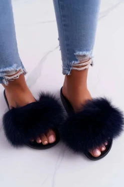 Clearance Damskie Klapki z Naturalnym Futerkiem Granatowe Naturis Damskie Klapki Z Futerkiem|Klapki Damskie Klasyczne