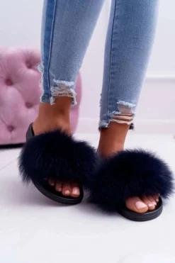 Clearance Damskie Klapki z Naturalnym Futerkiem Granatowe Naturis Damskie Klapki Z Futerkiem|Klapki Damskie Klasyczne