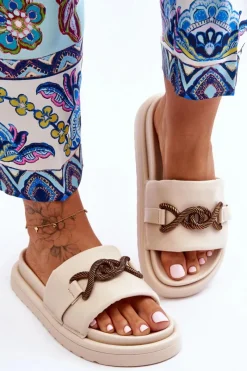 Clearance Boto Damskie Klapki Z Ozdobą Beżowe Verso