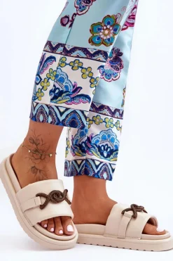 Clearance Boto Damskie Klapki Z Ozdobą Beżowe Verso