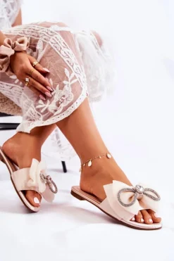 Best Damskie Klapki Z Ozdobną Kokardą Beżowe Calerine Damskie Klapki Damskie Klasyczne