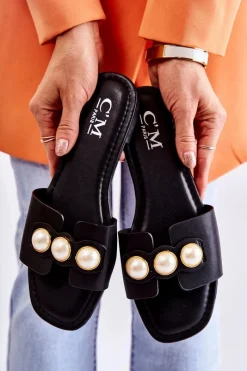 Outlet Damskie Klapki Z Ozdobnymi Perełkami Czarne Tacoma Damskie Klapki Damskie Klasyczne