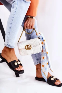 Outlet Damskie Klapki Z Ozdobnymi Perełkami Czarne Tacoma Damskie Klapki Damskie Klasyczne