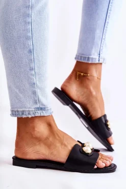 Outlet Damskie Klapki Z Ozdobnymi Perełkami Czarne Tacoma Damskie Klapki Damskie Klasyczne