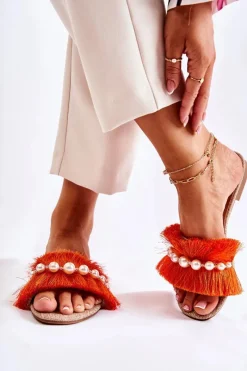 Damskie Klapki Z Ozdobnym Paskiem Pomarańczowe Ramisa Damskie Klapki Damskie Klasyczne