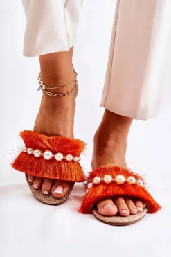 Damskie Klapki Z Ozdobnym Paskiem Pomarańczowe Ramisa Damskie Klapki Damskie Klasyczne