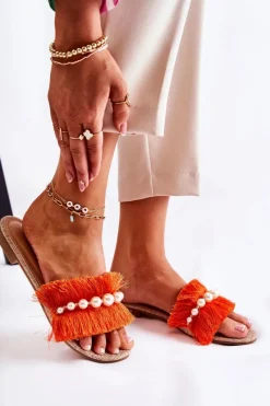 Damskie Klapki Z Ozdobnym Paskiem Pomarańczowe Ramisa Damskie Klapki Damskie Klasyczne