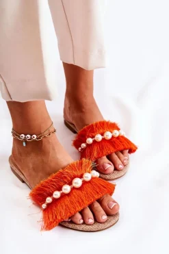 Damskie Klapki Z Ozdobnym Paskiem Pomarańczowe Ramisa Damskie Klapki Damskie Klasyczne