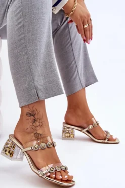 Clearance Damskie Klapki Z Ozdobnymi Cyrkoniami Złote Leyla Damskie Klapki Na Obcasie|Klapki Damskie Klasyczne