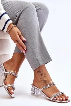 Discount Damskie buty S.Barski Damskie Klapki Z Ozdobnymi Cyrkoniami Srebrne Leyla