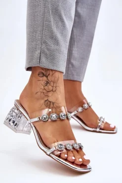 Discount Damskie buty S.Barski Damskie Klapki Z Ozdobnymi Cyrkoniami Srebrne Leyla