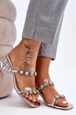 Discount Damskie buty S.Barski Damskie Klapki Z Ozdobnymi Cyrkoniami Srebrne Leyla