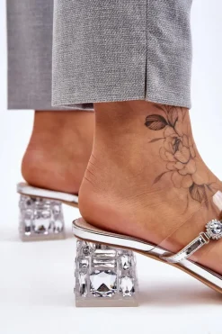 Discount Damskie buty S.Barski Damskie Klapki Z Ozdobnymi Cyrkoniami Srebrne Leyla