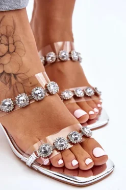 Discount Damskie buty S.Barski Damskie Klapki Z Ozdobnymi Cyrkoniami Srebrne Leyla