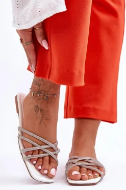 Hot Damskie Klapki Z Paseczkami I Dżetami Białe Leomi Damskie Klapki Damskie Klasyczne