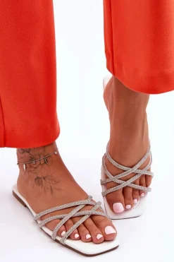 Hot Damskie Klapki Z Paseczkami I Dżetami Białe Leomi Damskie Klapki Damskie Klasyczne