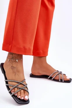 Klapki Damskie Klasyczne>Boto Damskie Klapki Z Paseczkami I Dżetami Czarne Leomi Czarny