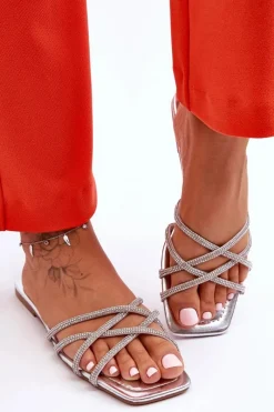 New Boto Damskie Klapki Z Paseczkami I Dżetami Srebrne Leomi