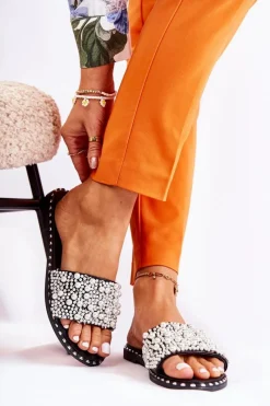 Klapki Damskie Klasyczne>Boto Damskie Klapki Z Perełkami Czarne Vamero