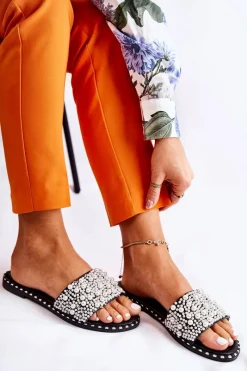 Klapki Damskie Klasyczne>Boto Damskie Klapki Z Perełkami Czarne Vamero