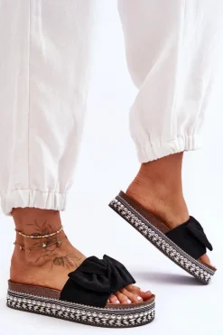 Klapki Korkowe|Klapki Damskie Klasyczne>Boto Damskie Klapki Zamszowe Z Kokardą Czarne Lauria