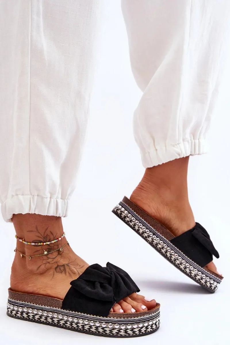 Klapki Korkowe|Klapki Damskie Klasyczne>Boto Damskie Klapki Zamszowe Z Kokardą Czarne Lauria