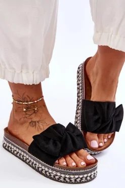 Klapki Korkowe|Klapki Damskie Klasyczne>Boto Damskie Klapki Zamszowe Z Kokardą Czarne Lauria