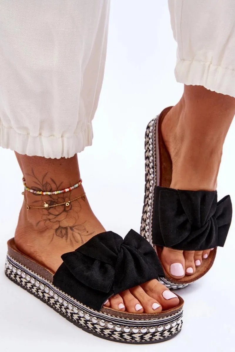 Klapki Korkowe|Klapki Damskie Klasyczne>Boto Damskie Klapki Zamszowe Z Kokardą Czarne Lauria