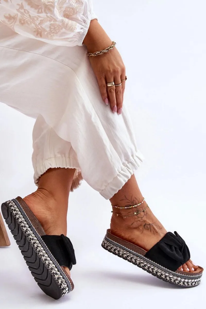 Klapki Korkowe|Klapki Damskie Klasyczne>Boto Damskie Klapki Zamszowe Z Kokardą Czarne Lauria