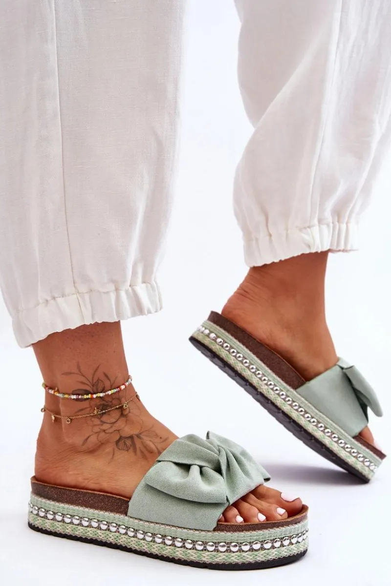 Outlet Damskie Klapki Zamszowe Z Kokardą Zielone Lauria Damskie Klapki Korkowe|Klapki Damskie Klasyczne