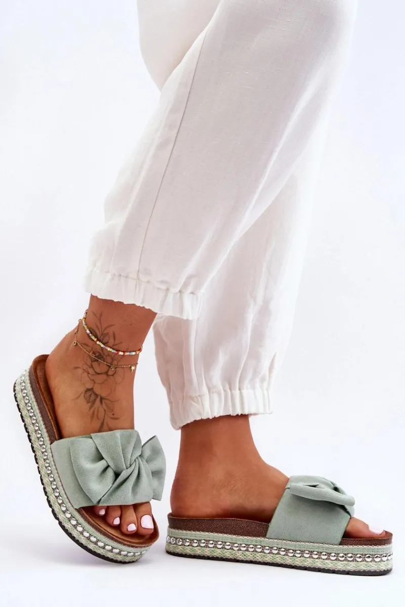 Outlet Damskie Klapki Zamszowe Z Kokardą Zielone Lauria Damskie Klapki Korkowe|Klapki Damskie Klasyczne