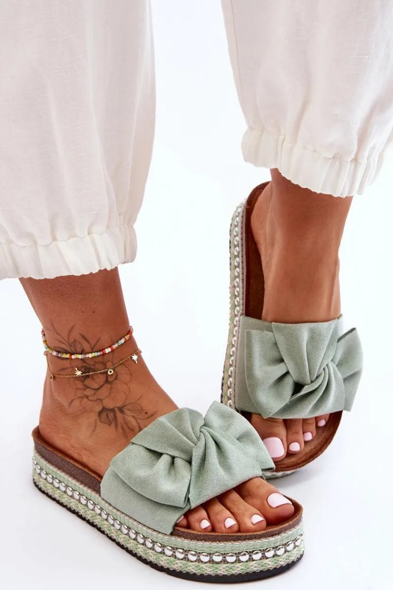 Outlet Damskie Klapki Zamszowe Z Kokardą Zielone Lauria Damskie Klapki Korkowe|Klapki Damskie Klasyczne