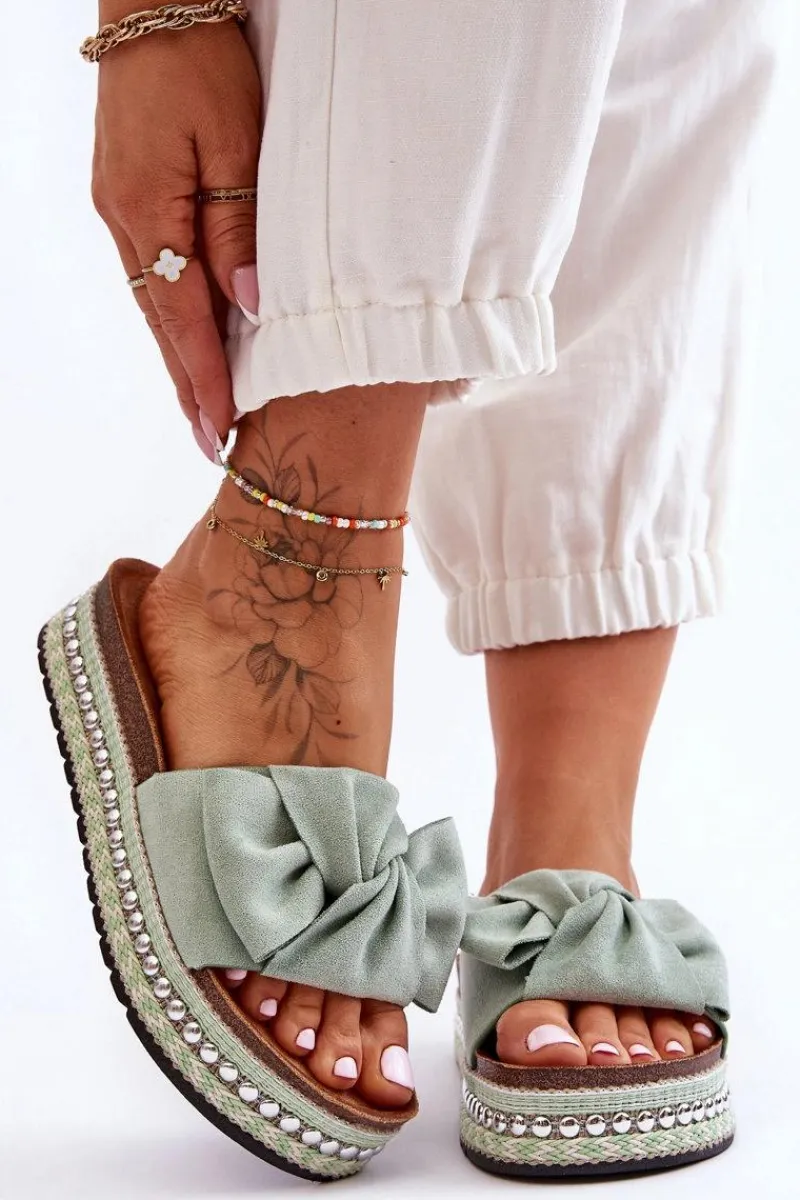 Outlet Damskie Klapki Zamszowe Z Kokardą Zielone Lauria Damskie Klapki Korkowe|Klapki Damskie Klasyczne