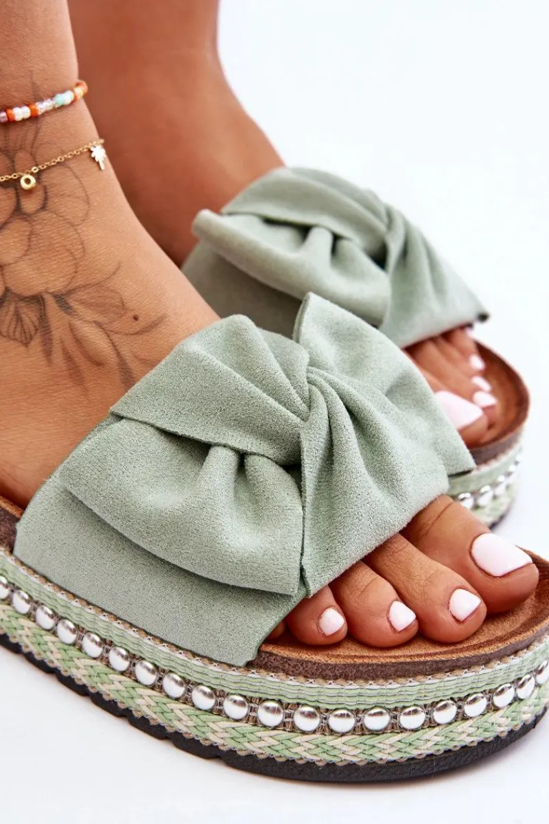 Outlet Damskie Klapki Zamszowe Z Kokardą Zielone Lauria Damskie Klapki Korkowe|Klapki Damskie Klasyczne