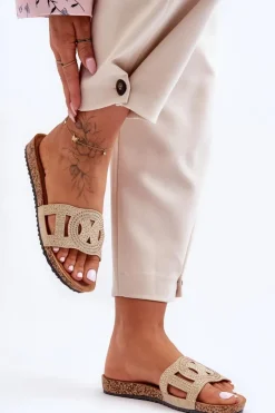 Outlet Damskie Klapki Zdobione Ćwiekami Beżowe Evelins Damskie Klapki Korkowe|Klapki Na Platformie