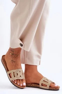 Outlet Damskie Klapki Zdobione Ćwiekami Beżowe Evelins Damskie Klapki Korkowe|Klapki Na Platformie