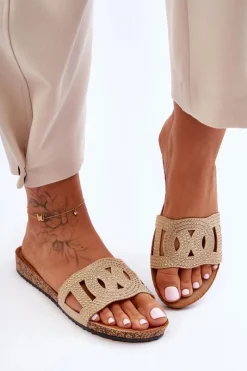 Outlet Damskie Klapki Zdobione Ćwiekami Beżowe Evelins Damskie Klapki Korkowe|Klapki Na Platformie