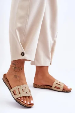 Outlet Damskie Klapki Zdobione Ćwiekami Beżowe Evelins Damskie Klapki Korkowe|Klapki Na Platformie