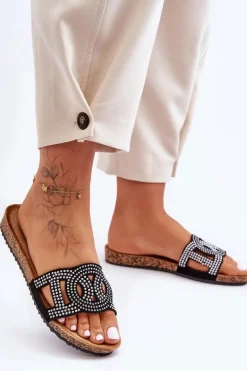 Klapki Korkowe|Klapki Na Platformie>Boto Damskie Klapki Zdobione Ćwiekami Czarne Evelins Czarny