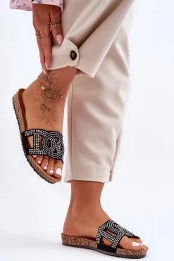 Klapki Korkowe|Klapki Na Platformie>Boto Damskie Klapki Zdobione Ćwiekami Czarne Evelins Czarny