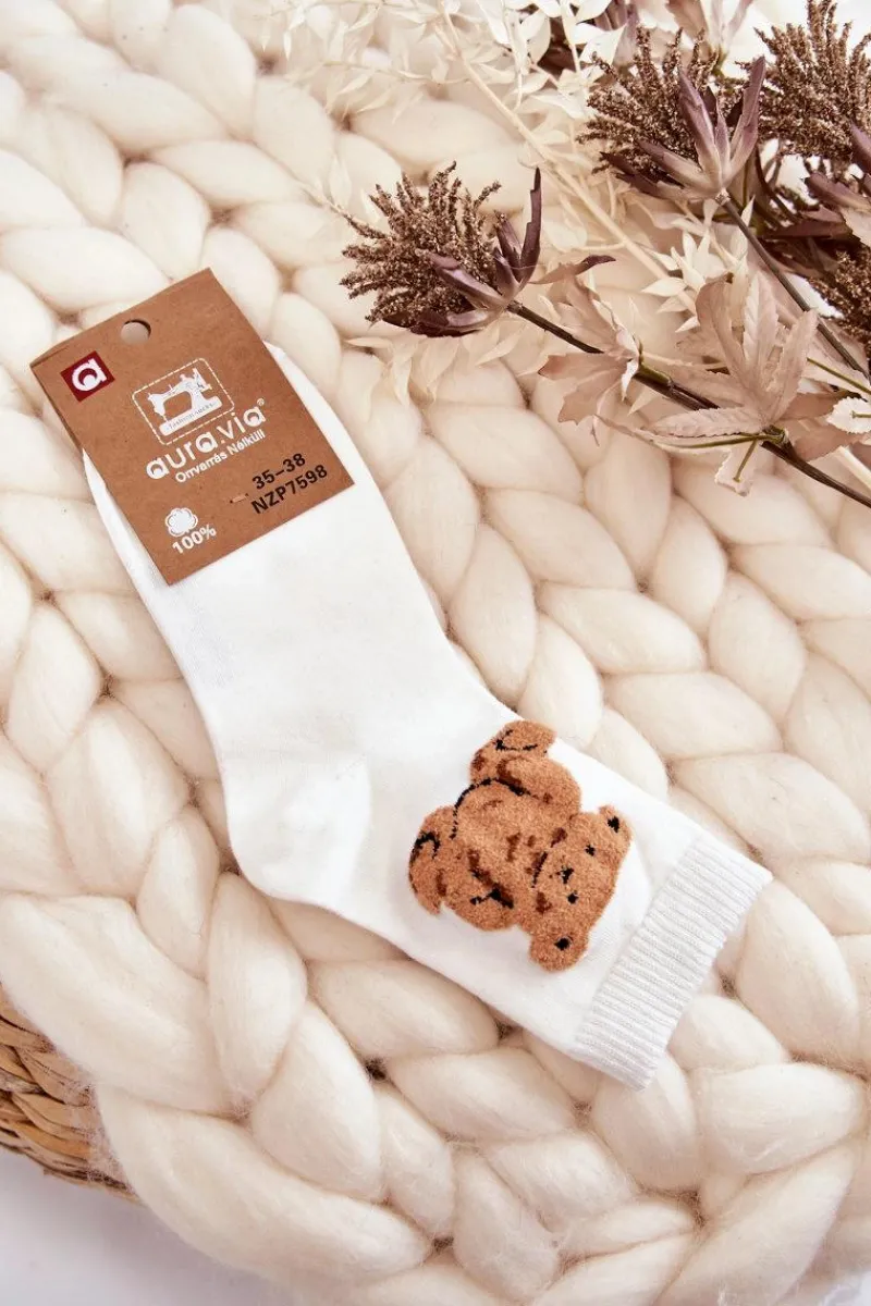 Discount Aura.via Damskie Klasyczne Bawełniane Skarpetki Z Misiem Białe