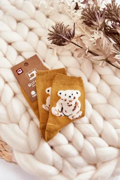 Online Aura.via Damskie Klasyczne Bawełniane Skarpetki Z Misiem Ciemnożółte