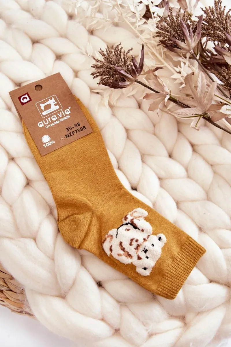 Online Aura.via Damskie Klasyczne Bawełniane Skarpetki Z Misiem Ciemnożółte