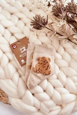 Outlet Aura.via Damskie Klasyczne Bawełniane Skarpetki Z Misiem Beżowe