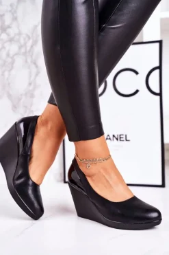 Sale Boto Damskie Klasyczne Czółenka Na Koturnie Lakierowane Czarne Ivonne