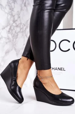 Damskie Klasyczne Czółenka Na Koturnie Czarne Ivonne Damskie Czółenka Na Platformie|Czarne Botki