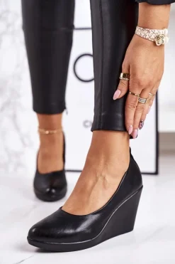 Damskie Klasyczne Czółenka Na Koturnie Czarne Ivonne Damskie Czółenka Na Platformie|Czarne Botki